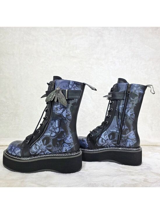 Demonia Shoes - NIB NEW DEMONIA Emily Death Moth Skull Graphic Platform Goth Punk Mid Calf Boots